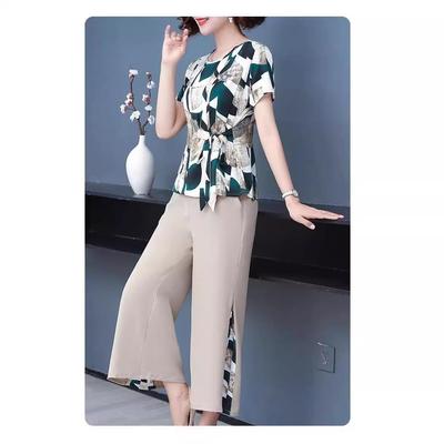 2024 Sommer Chiffon Zweiteiler: Kurzarm-Oberteil & Neun-Punkt-Hose für Mütter