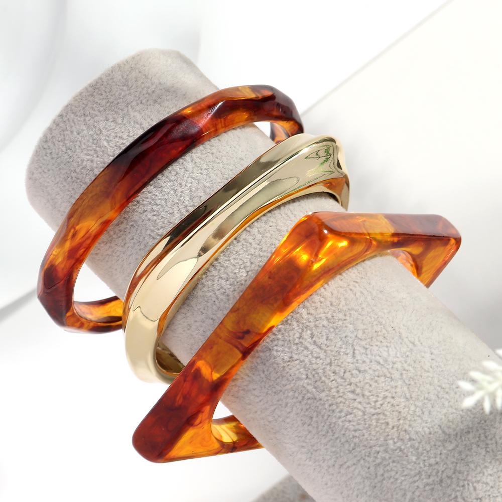 3pcs Amber Gold Color Acrylic Square Round Cuff Bracelets Bangle for Women Punk Resin Irregular Geometric Stack Jewelry Set Gift