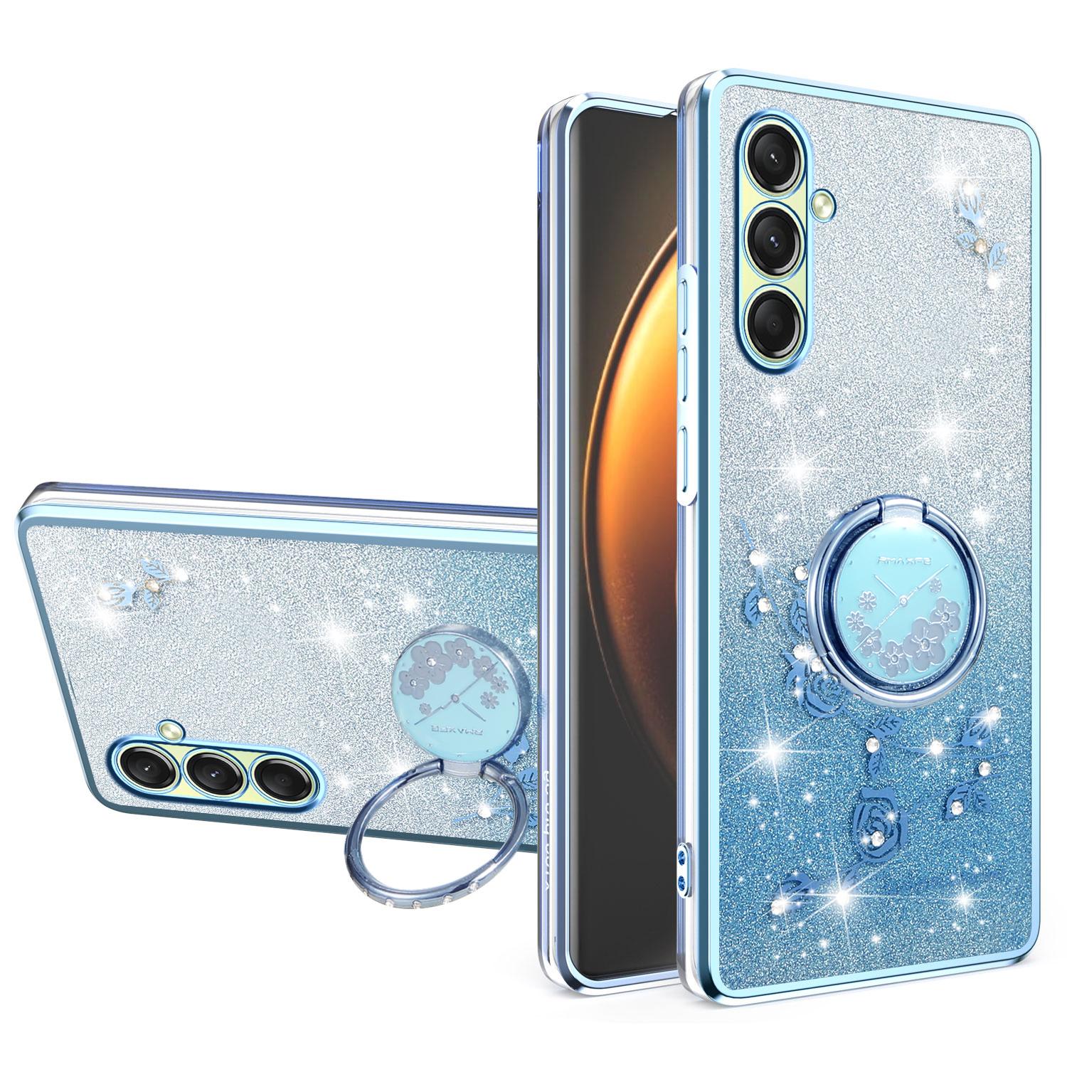 

KADEM For Samsung Galaxy A17 Case Ring Kickstand TPU Flowers Phone Cover Gradient Glitter Blue