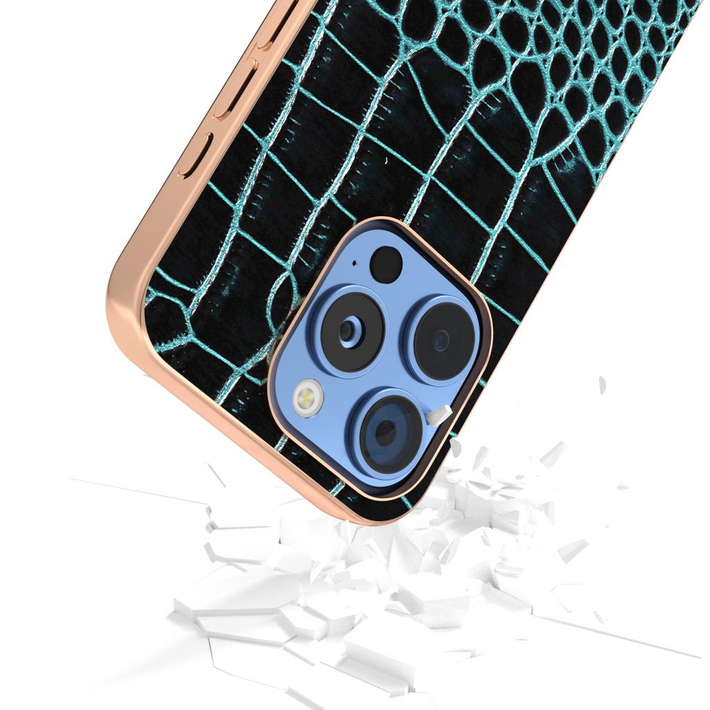 ABEEL For iPhone 16 Pro Case Electroplating Edge Crocodile Texture Genuine Cow Leather Back Phone Cover