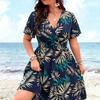 Summer New Style Dress with Floral Print, V-neck, Fitted Waist, Beachwear Short-sleeved Long Dress