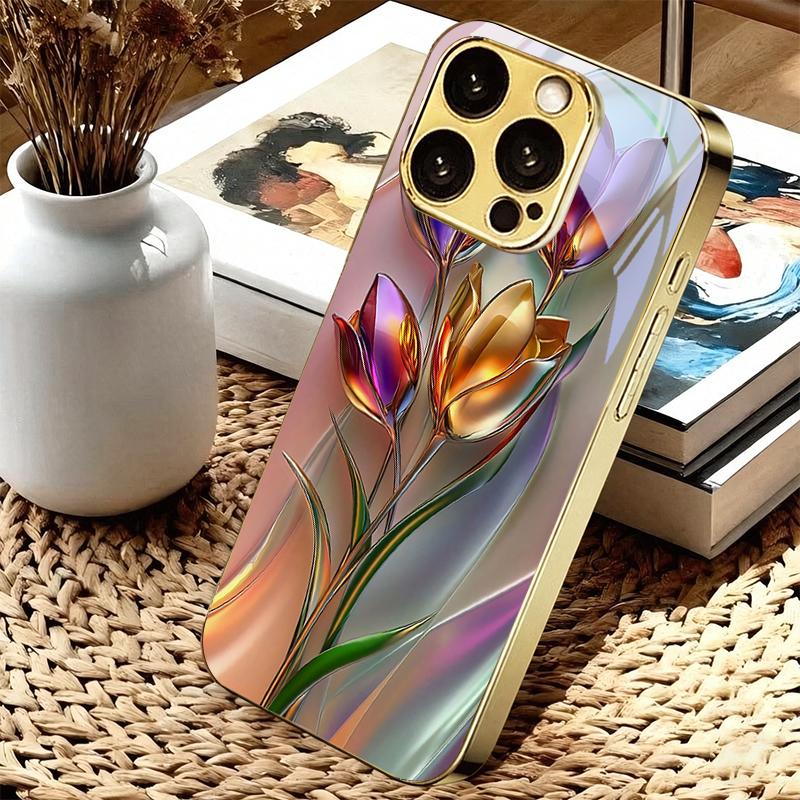 Glossy Metallic Flower Electroplated Golden Phone Case For iPhone 17 16 15 14 13 12 11 Pro Max Plus 16E 17Air 7 8 X Glass Cover