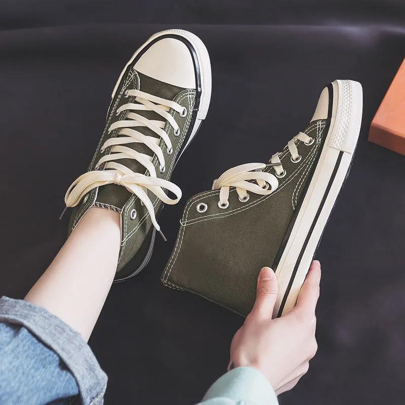 Women's Black High-Top Canvas Sneakers, Classic Retro Lace-Up Casual Shoes Non-Slip Rubber Sole, Comfortable Breathable Canvas Upper