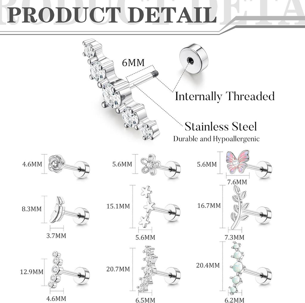 Drperfect Cartilage Earring Stainless Steel Helix Opal CZ Stud Earrings for Women Butterfly Flat Back Cartilage Piercing Jewelry