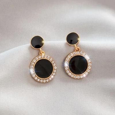 Crystal Round Black Drop Earrings for Women Double-layers Oil Dangle Earrings Bohemian Elegant Wedding Jewelry Hanging Earrings