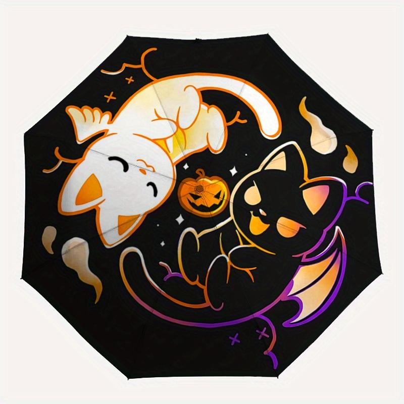 1pc Halloween White Cat & Black Cat Automatic Opening and Closing Umbrella - Lightweight 3-Fold Design, Suitable for Fans, Travel, Daily Use - Of