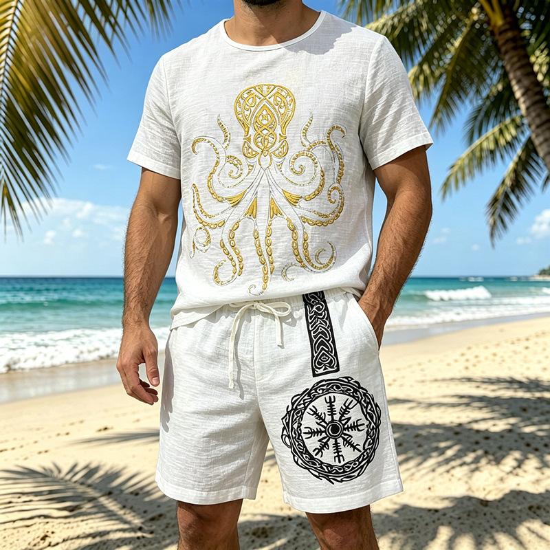Men Viking Faith Octopus Print Loose Short Sleeve T Shirt And Shorts Two Piece Set