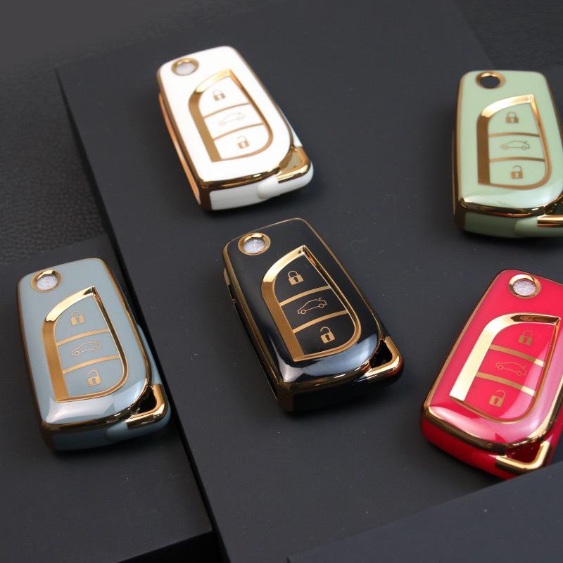 

Защитный чехол для ключа автомобиля с золотой окантовкой и брелоком в виде кольца с бриллиантами для Toyota Corolla White