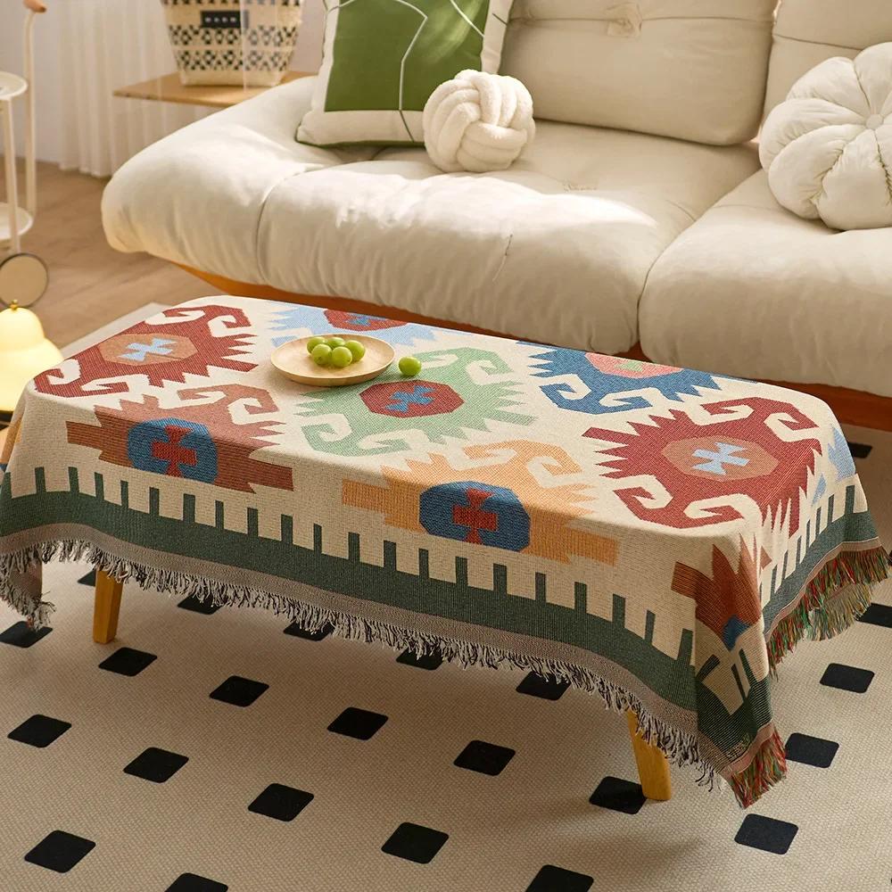 Cotton Yarn Tassel Dining Table Cloth Bohemian Style Double Printed Tablecloth Home Decoration Multifunctional Cover Cloth Towel