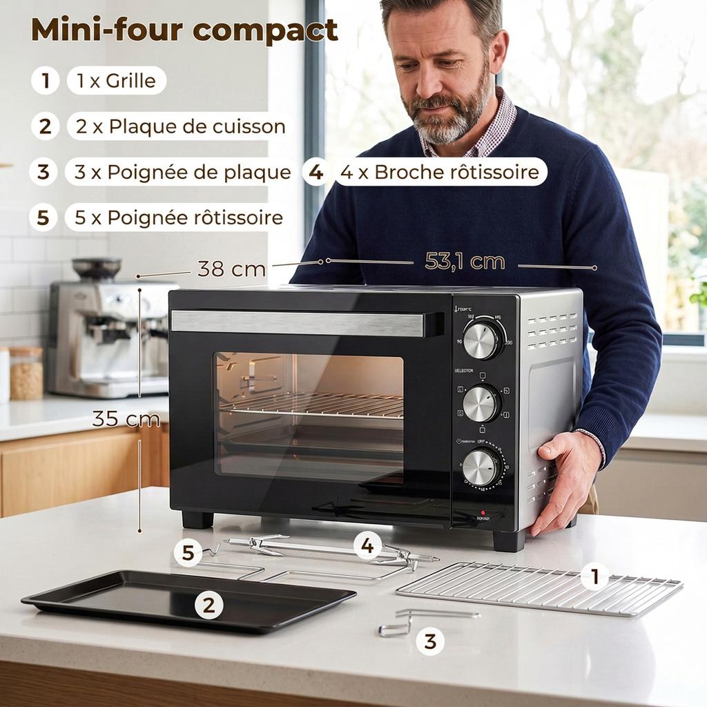 Mini Oven, 36 L, 1500 W, Rotisserie, Convection, Fan-Assisted, 60-Min Timer, Silver