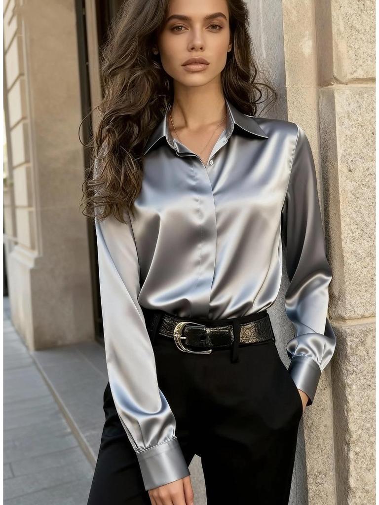 Elegant European & American Style Satin Long Sleeve Women's Shirt - Fashionable Commute Top 2026