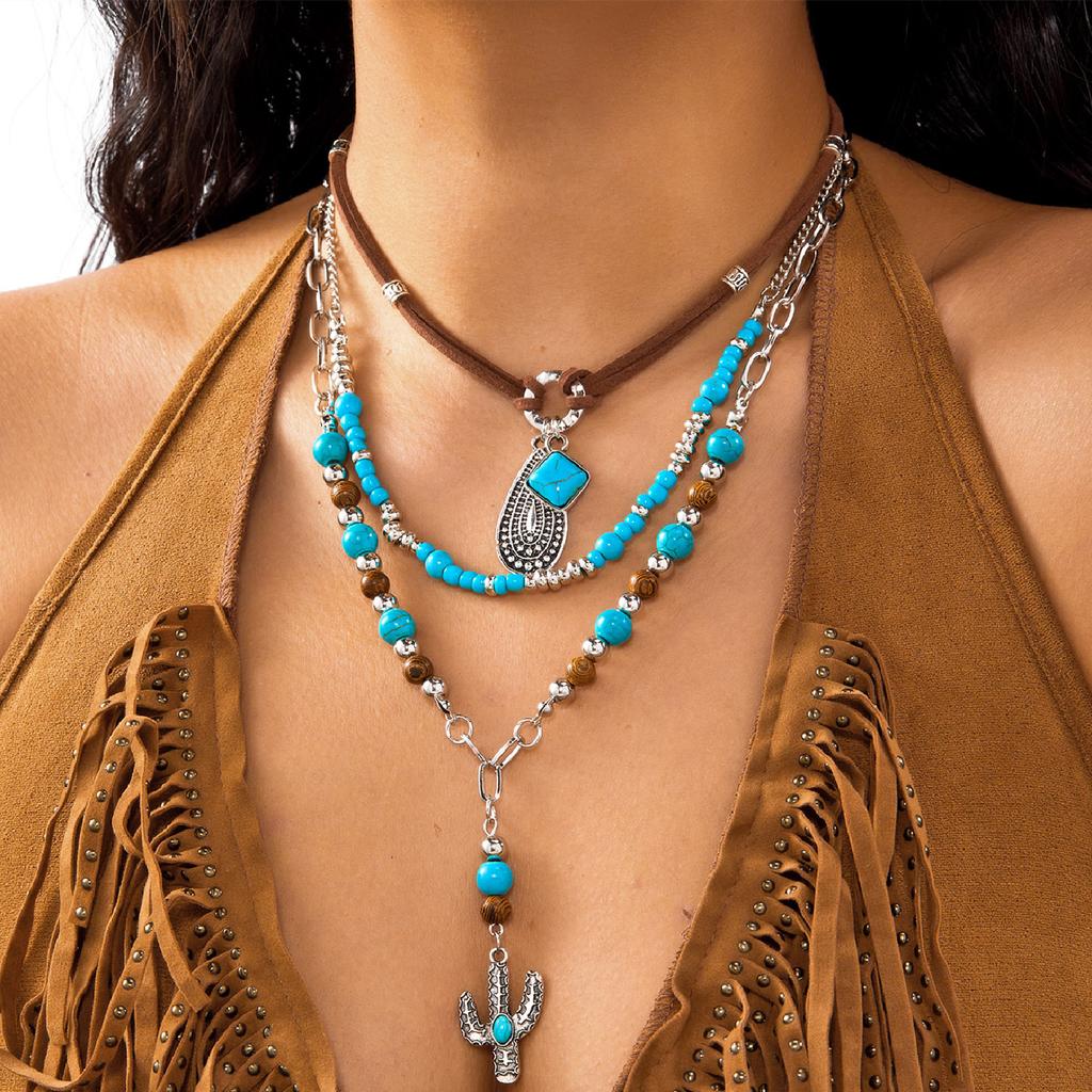 Set di collane da cowboy in pietra turchese western retrò per donna, collana con ciondolo da cowboy tradizionale, accessorio gioiello per feste di ragazze