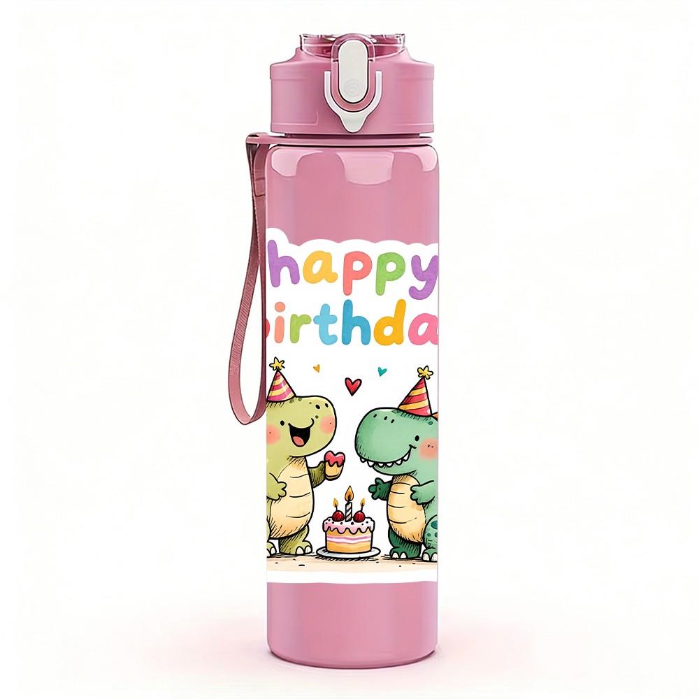1PC Happy Birthday Dinosaur Party Print 750ml Color Plastic Sports Water Bottle Leakproof Flip Straw Lid Suitable for Sports Office Home Use