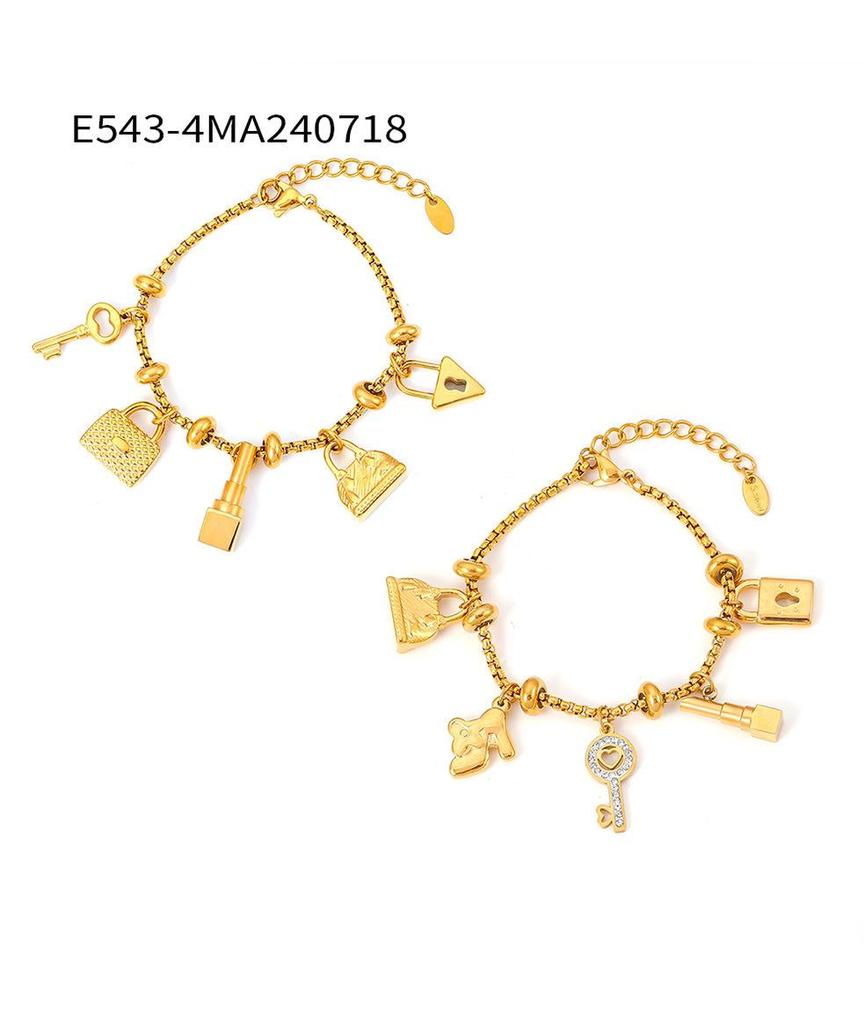 Trendy European-American Multi-Element Rhinestone Pendant Bracelet, Adjustable Retro 18K Gold-Plated Titanium Steel Jewelry