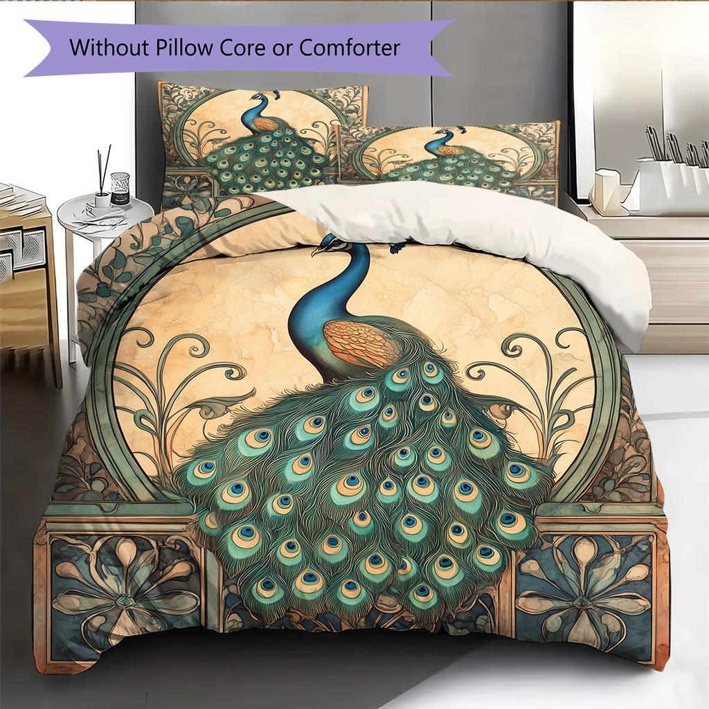 Peacock Displaying Its Tail Pattern Bedding Quilt Set Quilt Cover Pillowcase Home Decoration Gift (1 * Duvet Cover + 2 * Pillowcase, Without Core)