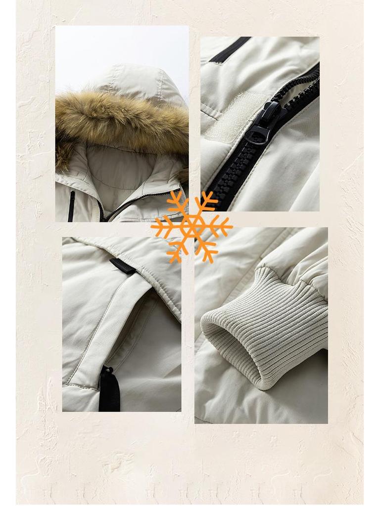 Men's Winter Mid-Length White Duck Down Parka with Large Fur Collar