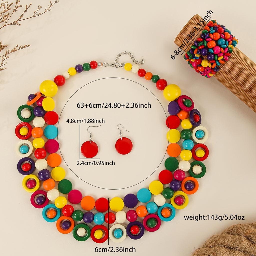 African Jewelry Set Bohemian Multi-layer Colorful Wooden Beads Beaded Necklace Earrings Bracelet For Women Party Accessories