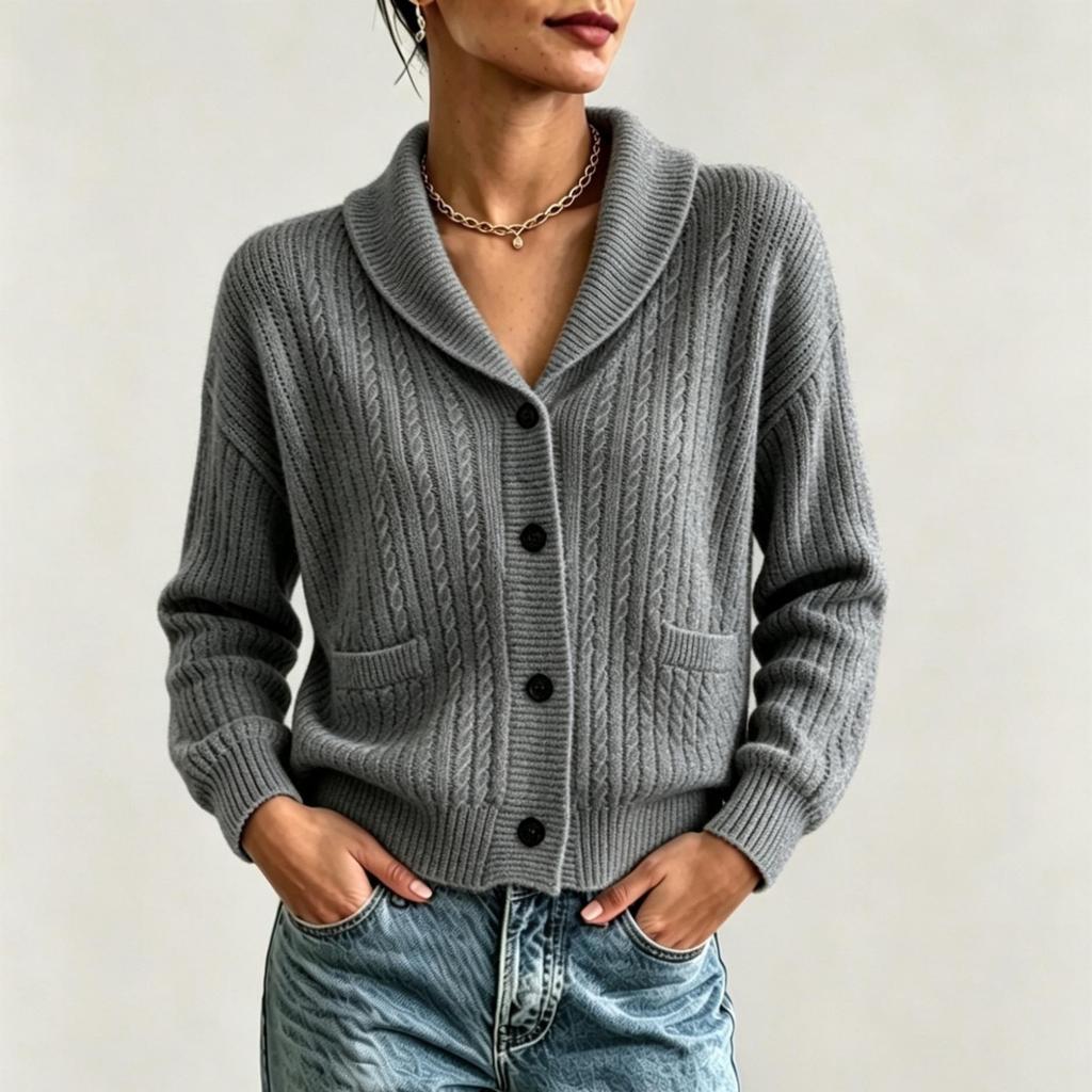 Women's Casual Loose Fit Cable Knit Cardigan with Lapel Collar