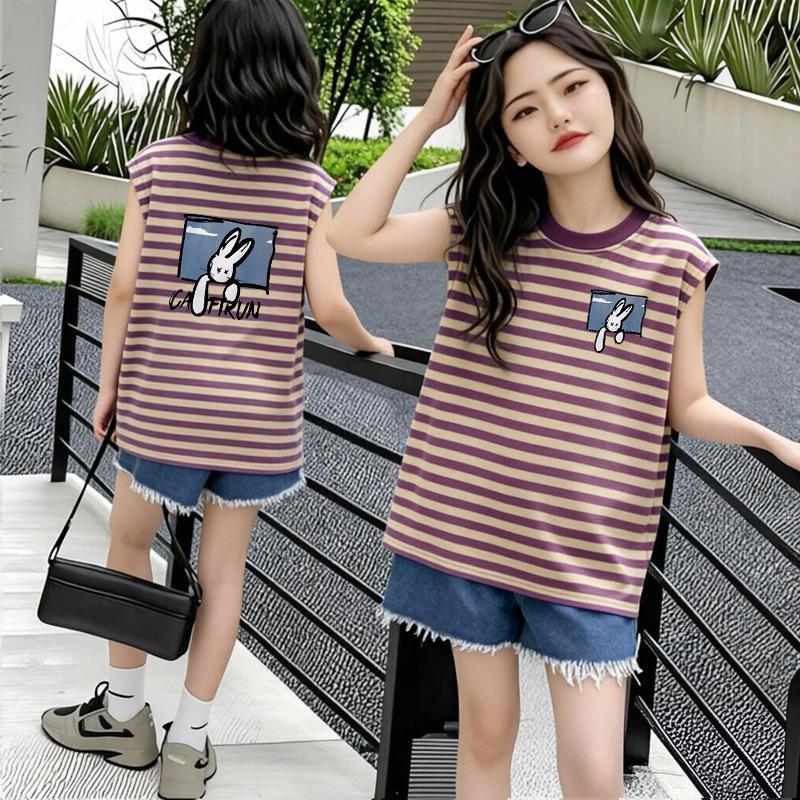 Korean Style Girls' Patchwork Stripe Sleeveless Summer T-shirt - New Arrivals for Medium & Large Kids