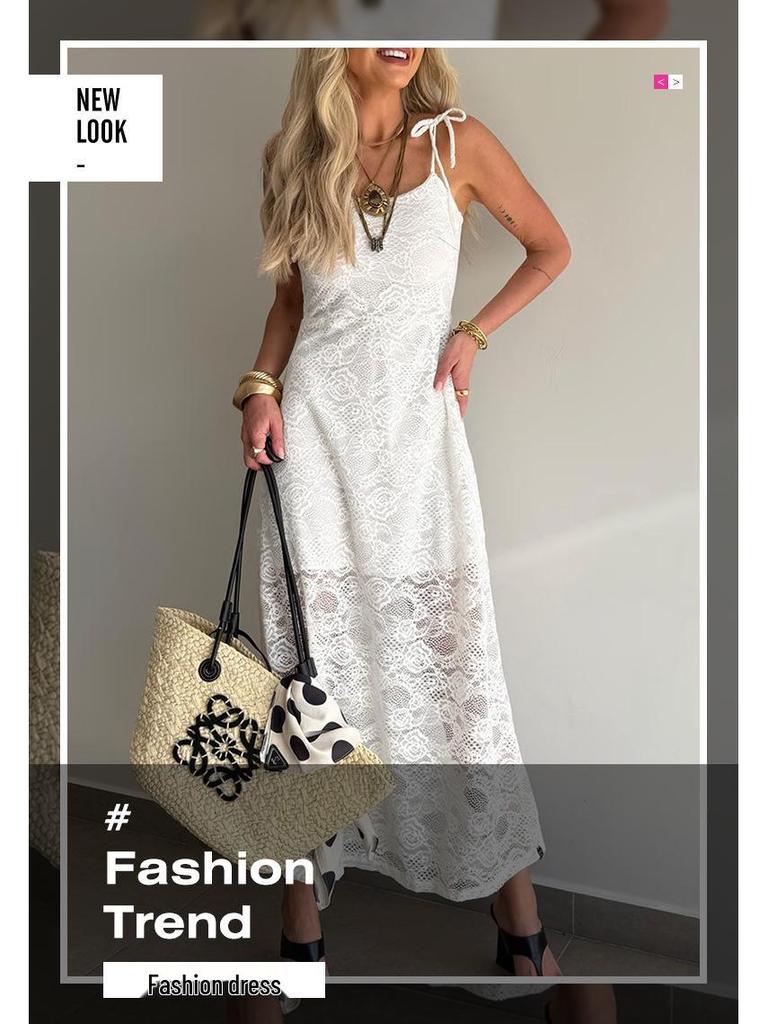 European and American Strappy Lace See-through Square Neck Slimming Long Dress for Spring and Summer.