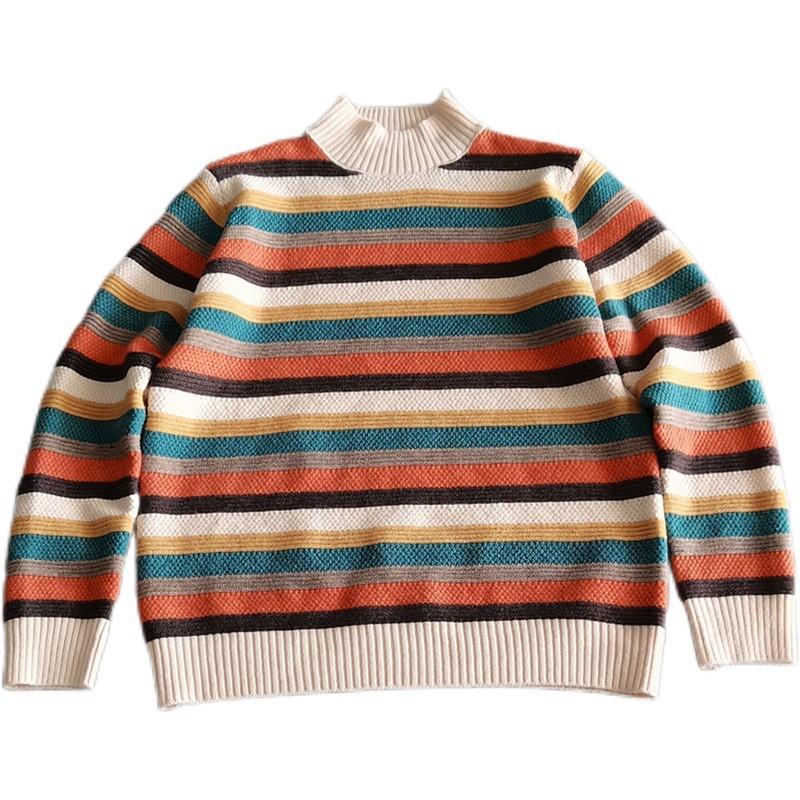 Autumn/Winter Loose Retro Outerwear Sweater Women's Casual Lazy Style Striped Knitted Top