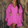 Mini abito da donna a maniche lunghe svasato con scollo a V, tinta unita, orlo irregolare con volant, abito corto casual da vacanza in tinta unita