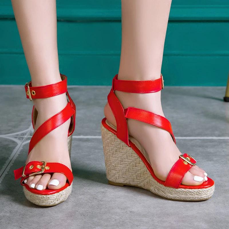 Fashion Fashion Wedge Sandals Women Summer Shoes Platform Knitted High Heels Flip Flops Large Size Cross Strap Party Shoes Female White