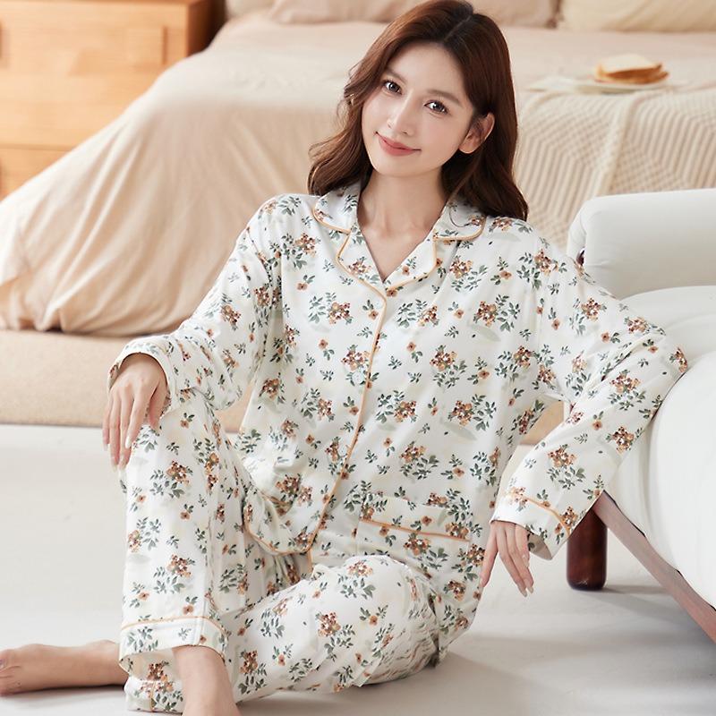 High-end Floral Temperament Loose Large-size Mother Loungewear Imitation Cotton Casual Pajamas Long-sleeved Two-piece Set