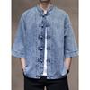 Mens Chinese Style Loose Denim Shirt Retro Pan Buckle Design Big Size Three Quarter Sleeve Top