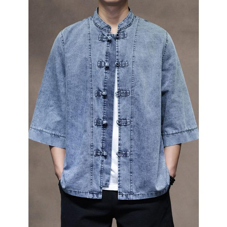 Mens Chinese Style Loose Denim Shirt Retro Pan Buckle Design Big Size Three Quarter Sleeve Top