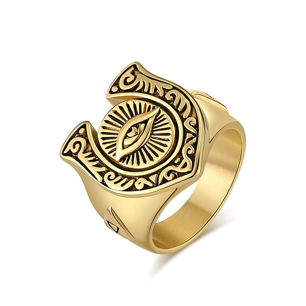 New European and American Retro Style Horseshoe Eyes Titanium Steel Ring Ring Personalized Totem Hand Jewelry