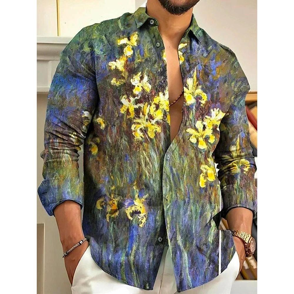 Men's Shirt 3D Print Oil Painting Colorful Floral Printing Long Sleeve Shirt Street Button Up Apparel Fashion Designer Casual