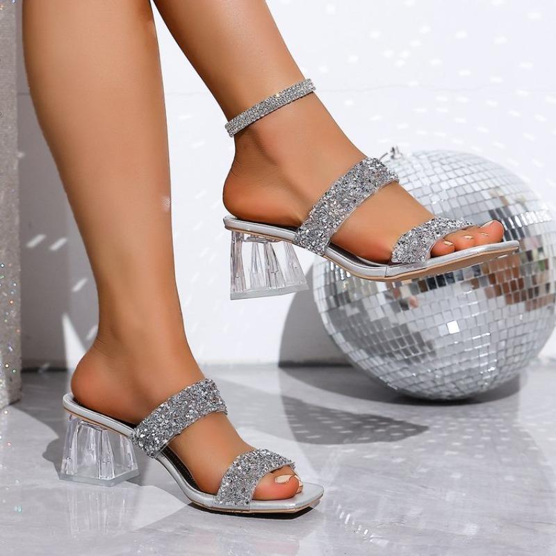 Transparent High Heels Women's Slippers Square Head Buckle Sandals Outdoor Wear PVC Material Fashionable European Style