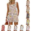 Women's Summer Casual Shorts Two-Piece Set with Floral Print Vest, Square Neck, Sleeveless Sportswear with Pockets