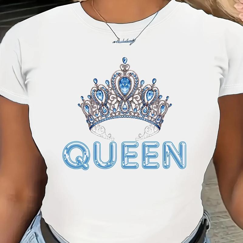 Queen Crown Graphic Print T-Shirt - Women's Casual Round Neck Short Sleeve Fashion Top, Comfortable Fit for Spring and Summer