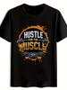 "Hustle for the Muscle" Graphic T-shirt - Black with Orange & White Weightlifting Design
