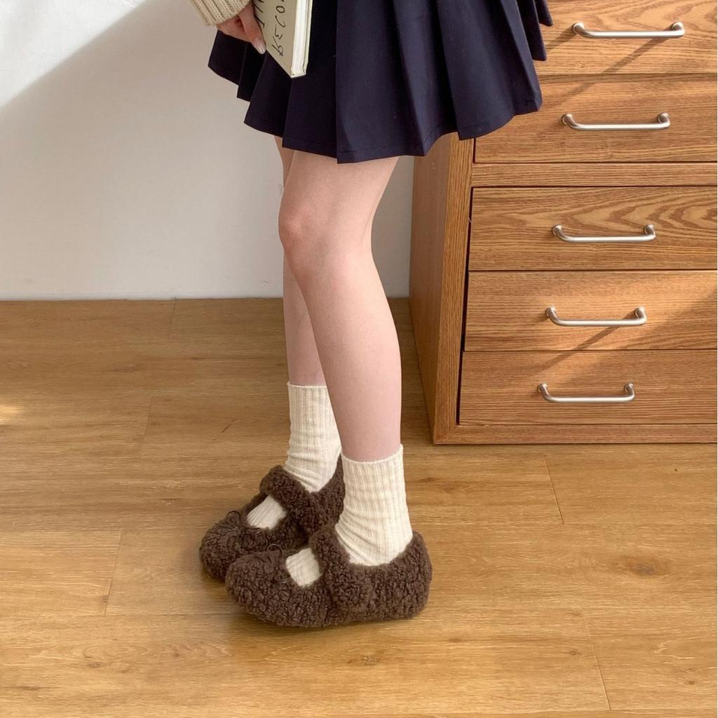 2025 autumn and winter new round head bow inner slope heel ballet fluffy fabric Doudou non-slip women's single shoes