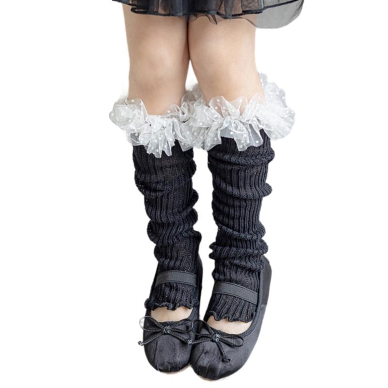 Breathable Cotton Lace Socks for Kids Age 3-13 Years Soft & Comfortable Elastic Leg Warmer with Dot Tulle