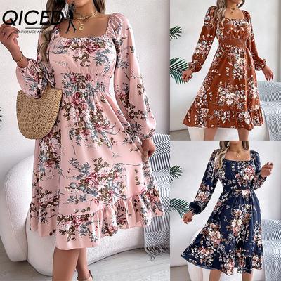 Rochie elegantă de primăvară-vară cu model floral, cu mâneci lungi, cu talia marcată, cu volane, în linie A, pentru îmbrăcăminte de damă