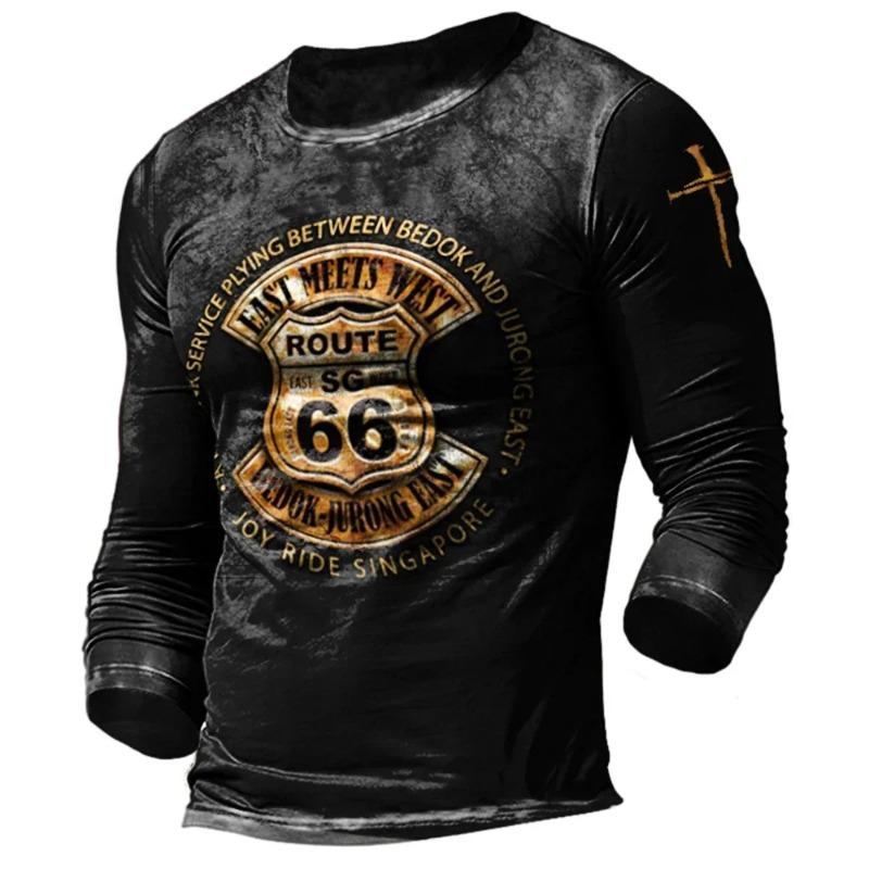 Men's Autumn and Winter Motorcycle T-shirt, 3D Printed Retro Long Sleeved Motorcycle Rider T-shirt, Oversized T-shirt, Men's
