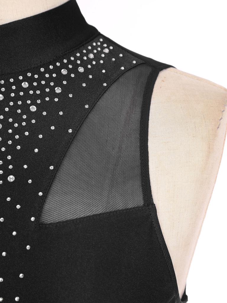 Womens Dance Performance Costume Sparkly Rhinestone Sleeveless Dress Mock Neck Back Keyhole Side Split Dresses