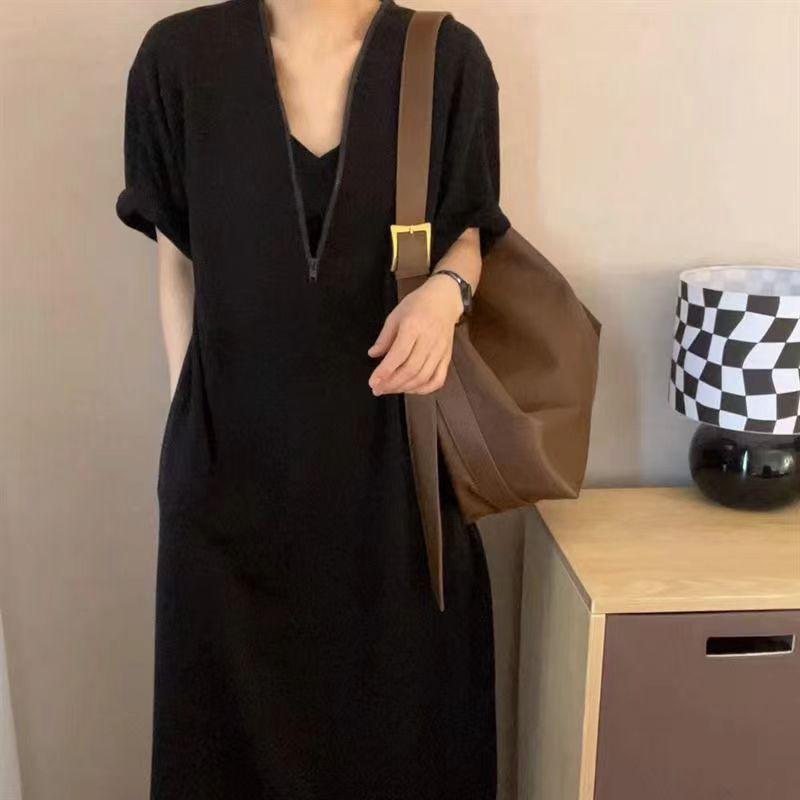 Hepburn Style Retro Cotton A-Line Dress: Summer Loose Fit In Solid Colors