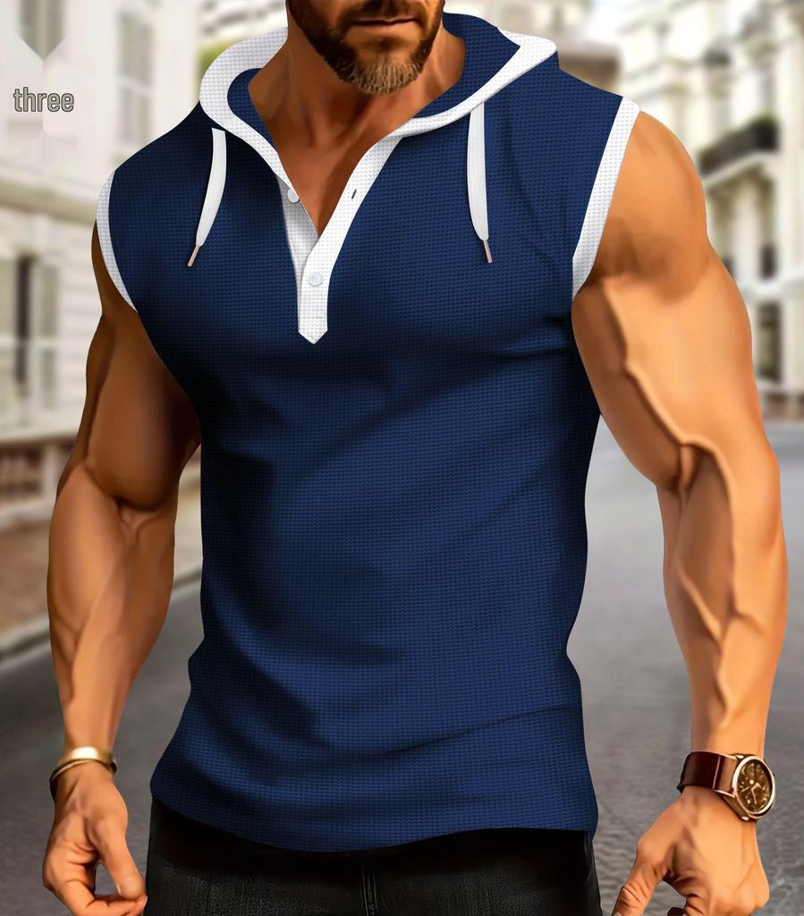 2024 Summer Men's Hooded Plaid Zip-Up Sleeveless Cardigan T-Shirt