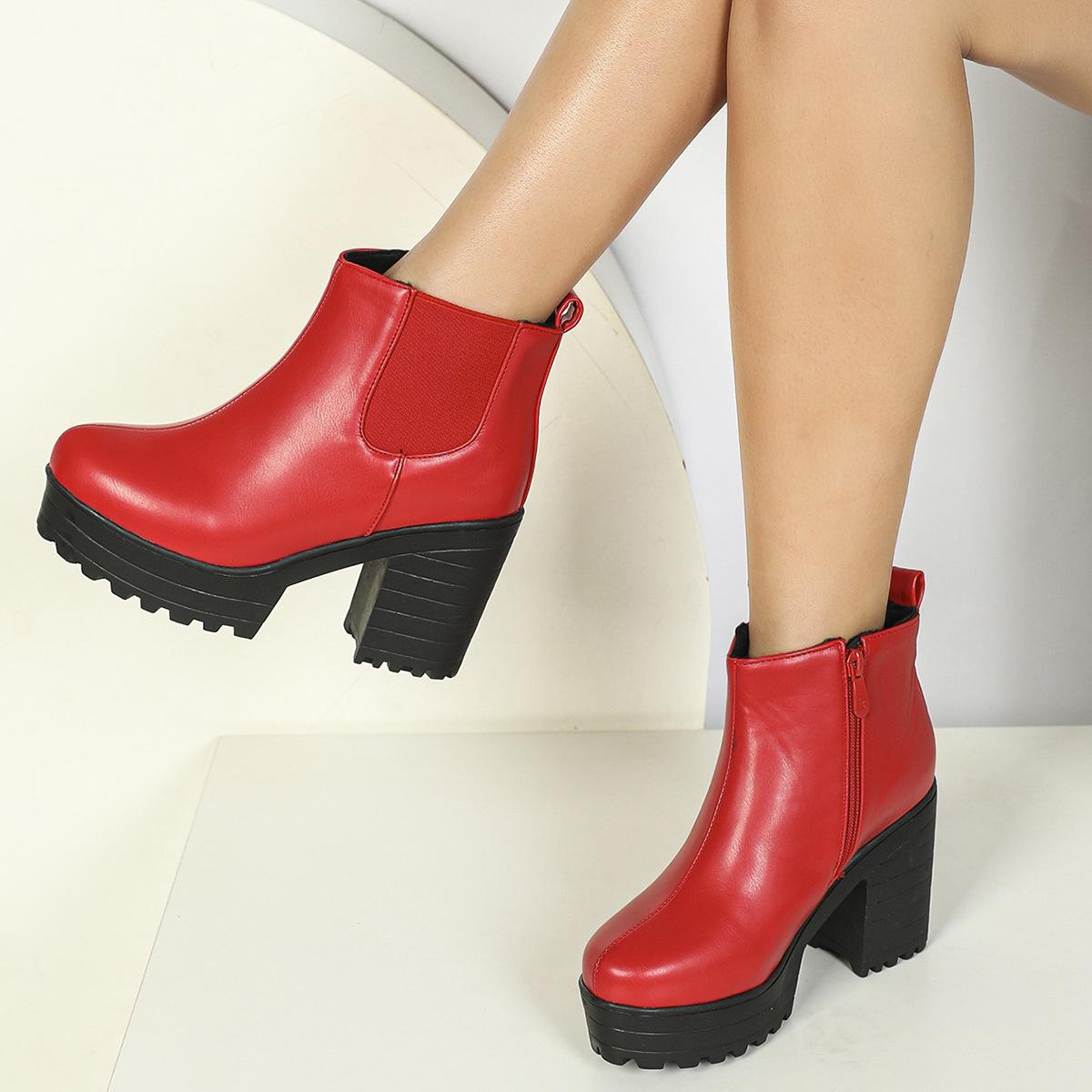 

Осень и зима новинка корейская версия моды круглый носок боковая молния толстый высокий каблук мода кэжуал большой размер женская глубокий вырез мода 39 красный