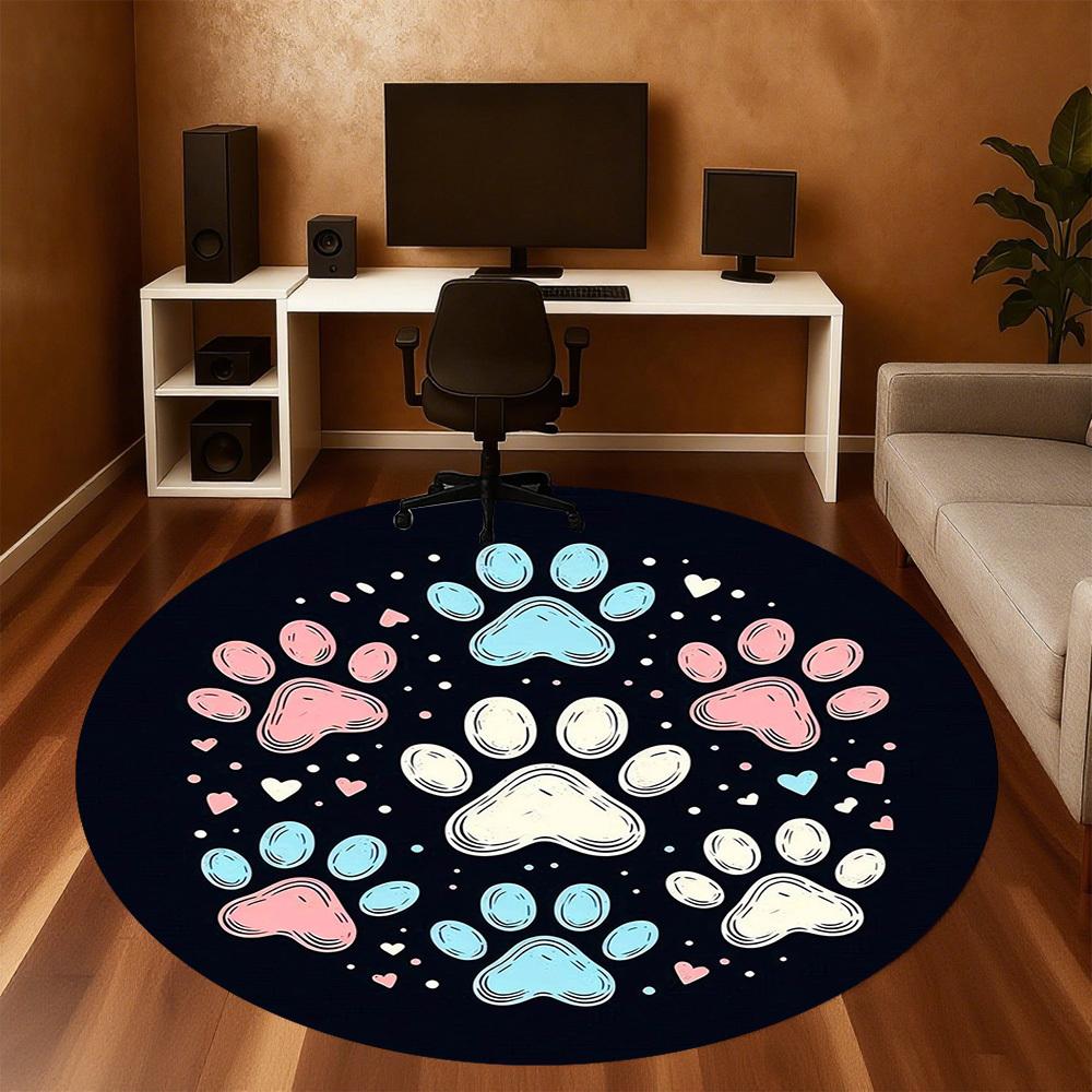1pc Paw Prints Hearts Round Chair Mat Area Rug - Non-Slip, Floor Mat for Office, Bedroom, and Indoor Decor -1002158