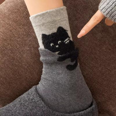 Niedliche Cartoon-Katzen-Druck Kniestrümpfe für Damen Weiche Baumwolle Herbst Winter Warme Socken Mode Beflockung Gemütliche Alltagskleidung