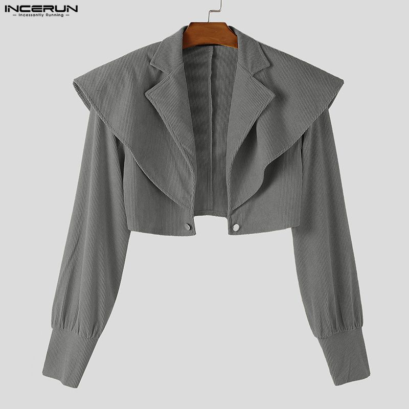 INCERUN Oversized Men Long Sleeve Layers Corduroy Casual Cropped Short Blazer Coats Partywear
