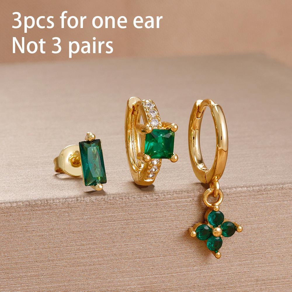 3PCS Exquisite Green CZ Zircon Water Drop Gold Color Earrings Set for Women Dainty Stackable Piercing Earring Luxury Jewelry
