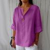 T-shirt da donna estiva nuova, larga, in cotone e lino, con scollo a V, bottoni, casual
