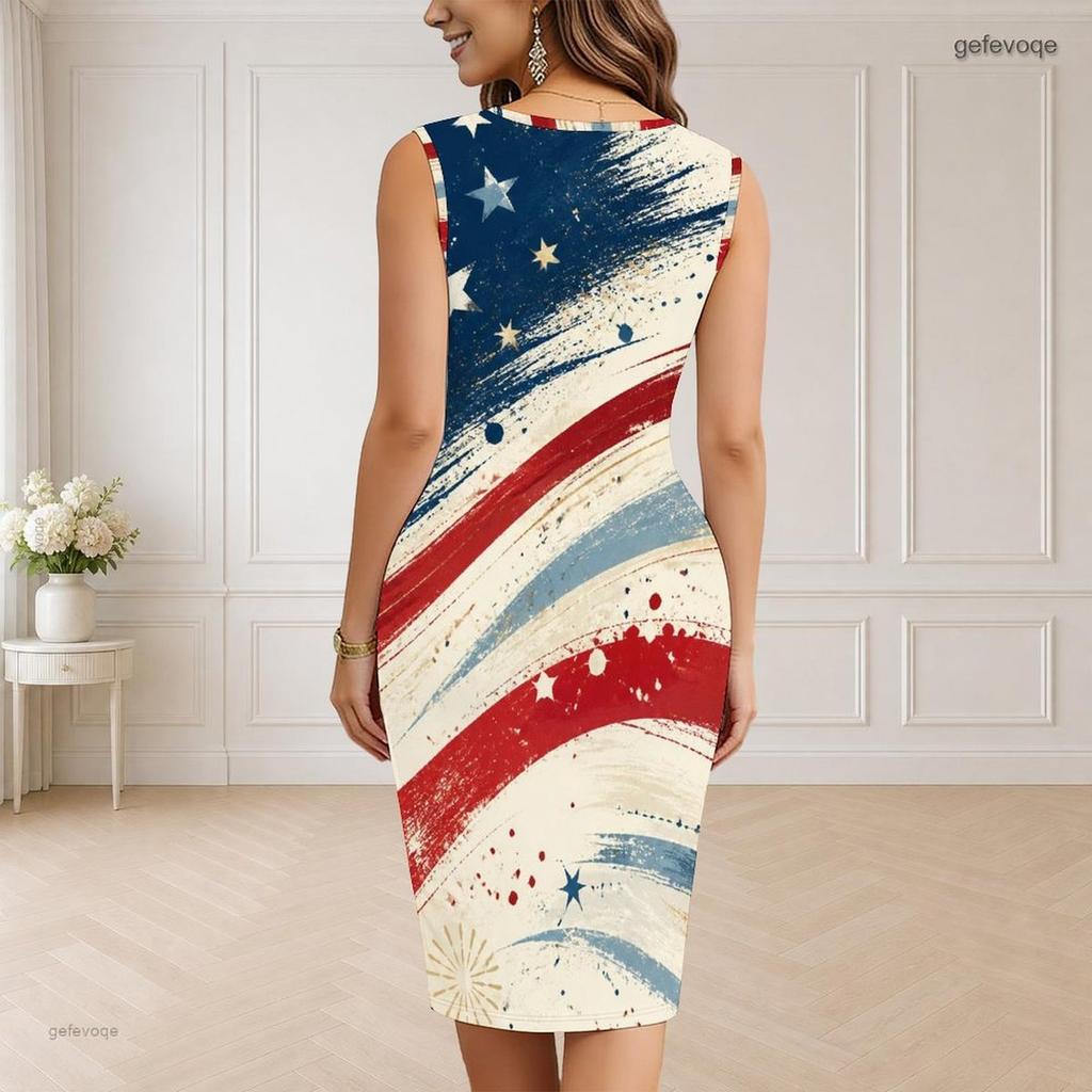 Women Plus Size V Neck Sleeveless Dark Blue Printed Bodycon Midi Dress